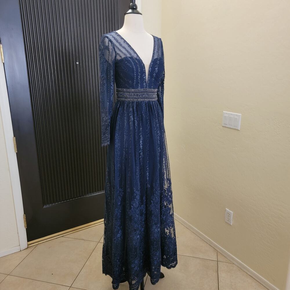 Mac Duggal 66591 Navy Blue 2 Long Sleeve Formal Embroidered Maxi Gown Dress - Picture 8 of 15